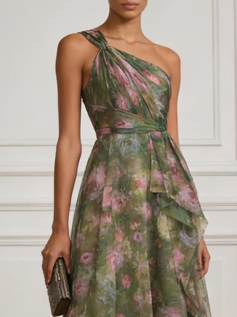 Green Floral Ruched Chiffon One Shoulder Sleeveless A-Line Midi Dress