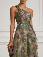 Green Floral Ruched Chiffon One Shoulder Sleeveless A-Line Midi Dress