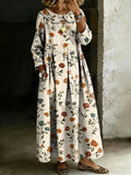 Women's Retro Floral Splicing Long-sleeved Loose-fitting Casual Denim Dress