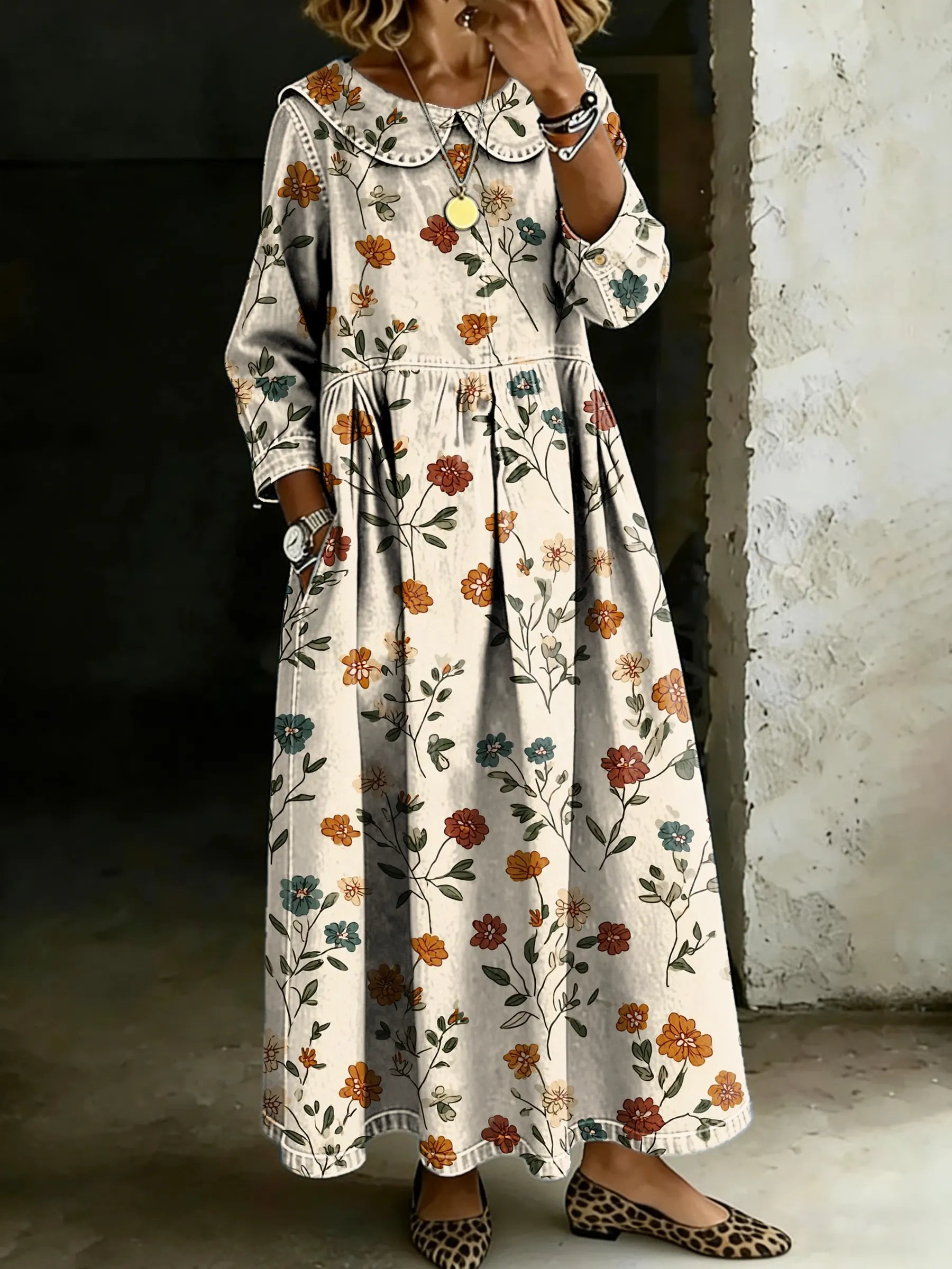 Women's Retro Floral Splicing Long-sleeved Loose-fitting Casual Denim Dress