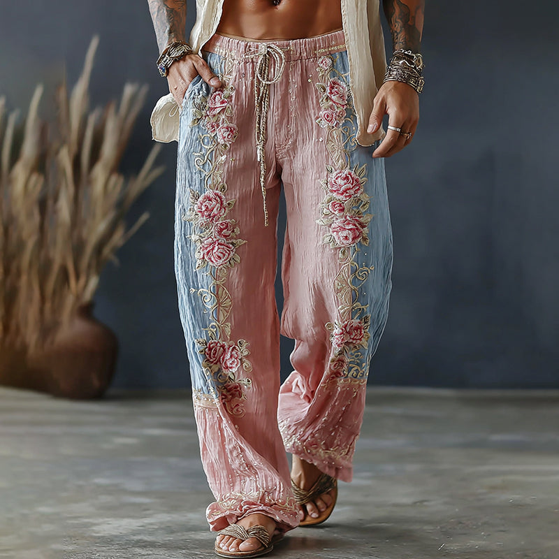 Men's Spring Floral Embroidered Art Print Flowy Linen Blend Pants