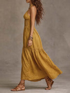 Bohemian Cotton-Linen Halter Smocked Tiered Maxi Dress