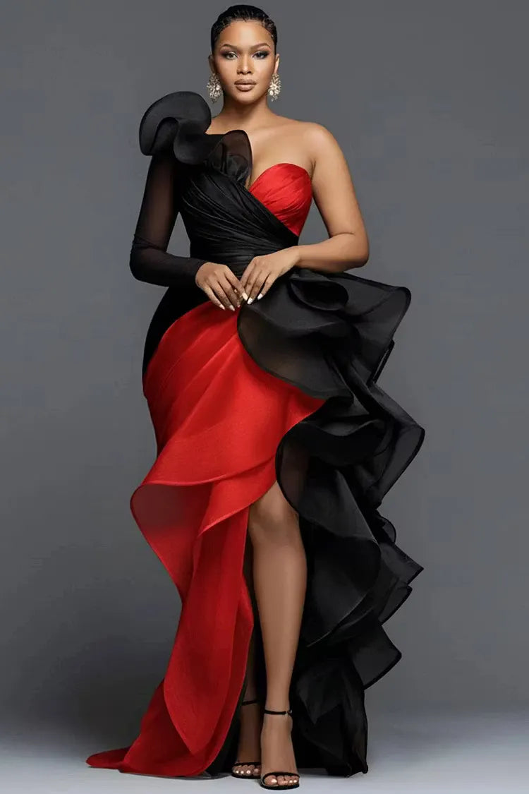 Red Black Two‑Tone Ruffle Formal Maxi Dress