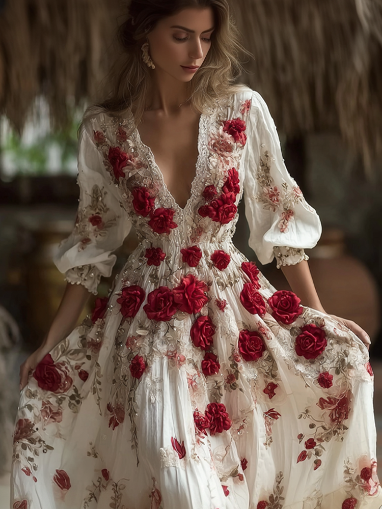 Bohemian Style Red Rose Retro Cotton And Linen Woman's V-neck Dress