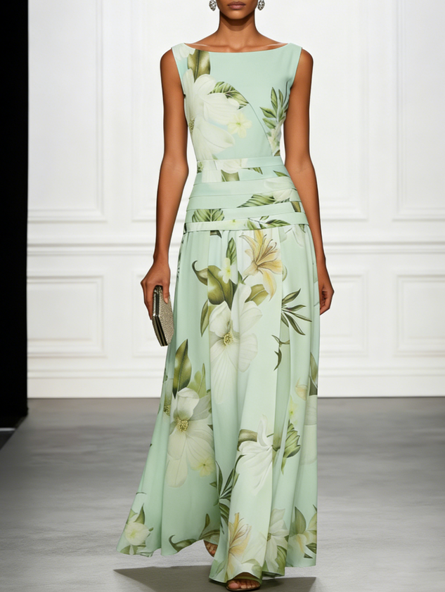 Light Green Floral Ruched Classic Boat Neck Sleeveless A-Line Floor-length Gown Dress