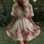 Women's Vintage Flowers Embroidery Art V-neck Short Sleeves Mini Dress