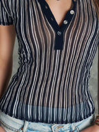 Bohemian Sheer Stripe Henley Knit Top