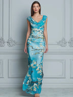 Draped Cowl Neck Floral Bodycon Maxi Dress
