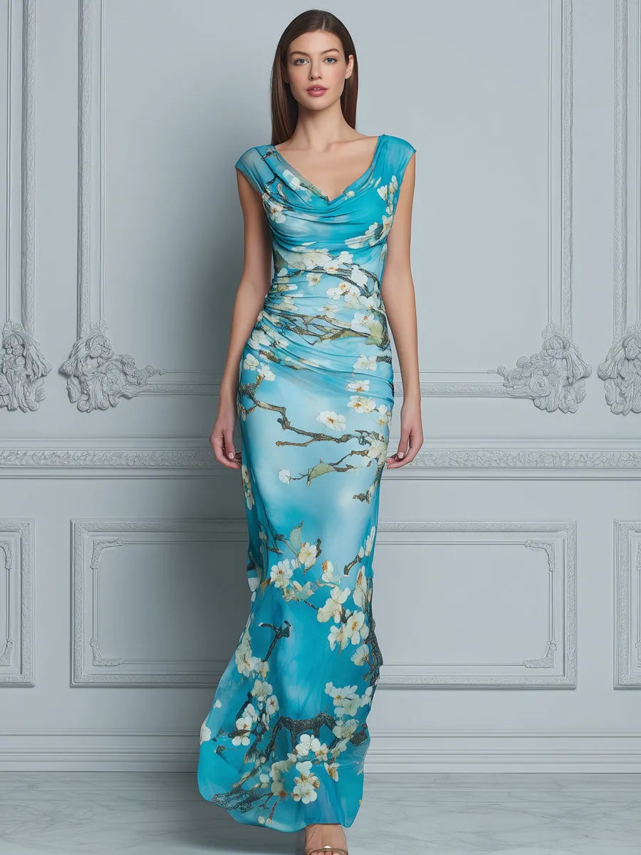 Draped Cowl Neck Floral Bodycon Maxi Dress