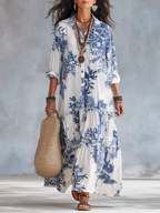 Bohemian Blue Floral Button-down Maxi Dress