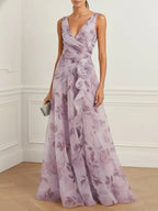 Purple 3D Floral Chiffon V Neck Sleeveless A-Line Gown Dress