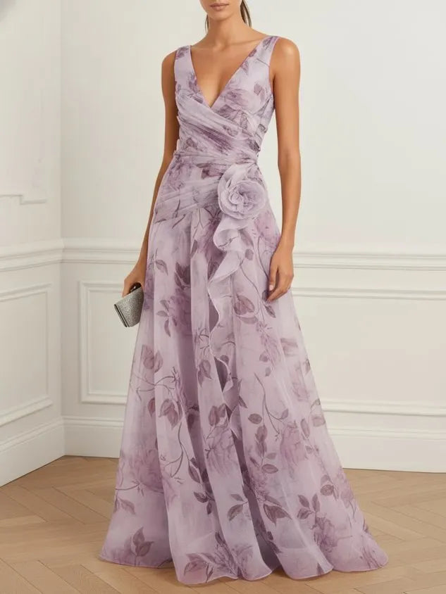 Purple 3D Floral Chiffon V Neck Sleeveless A-Line Gown Dress