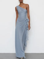 Light Blue 3D Floral Chiffon One Shoulder Sleeveless Sheath Maxi Dress