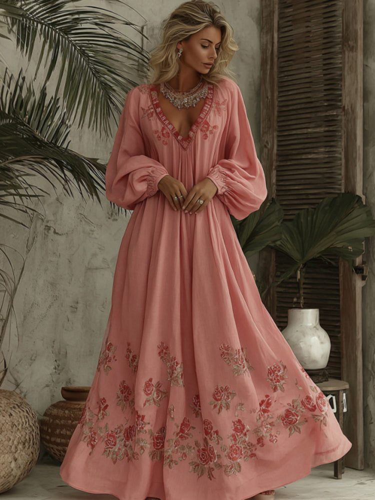 Elegant Rose Floral Pattern V-neck Long-sleeved Dress For Women