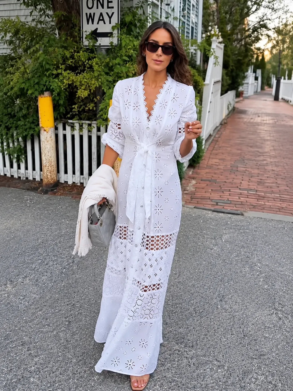 White Eyelet Button‑Front Maxi Dress