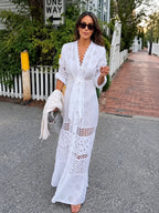 White Eyelet Button‑Front Maxi Dress