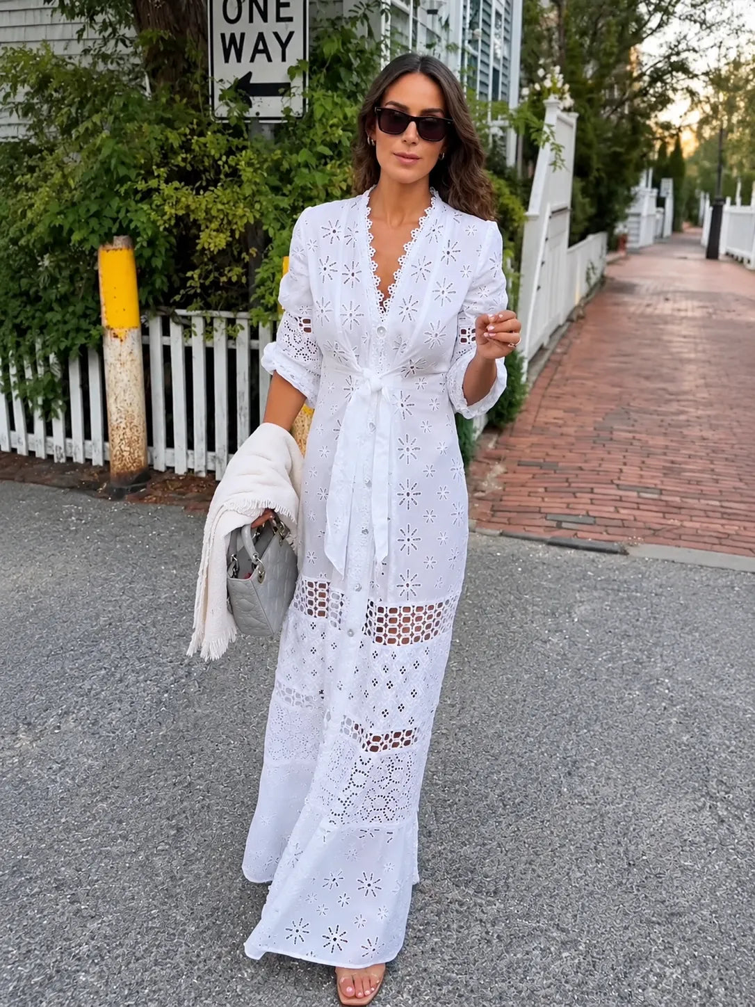 White Eyelet Button‑Front Maxi Dress