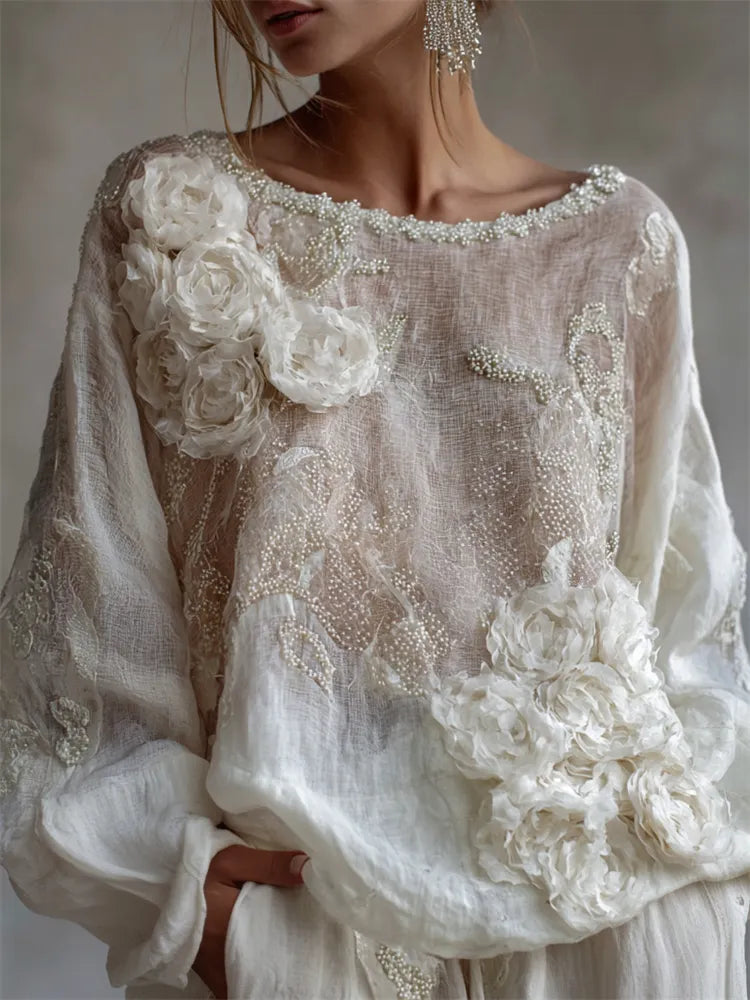 Classy White Roses Pearl Beaded Flowy Linen Tunic