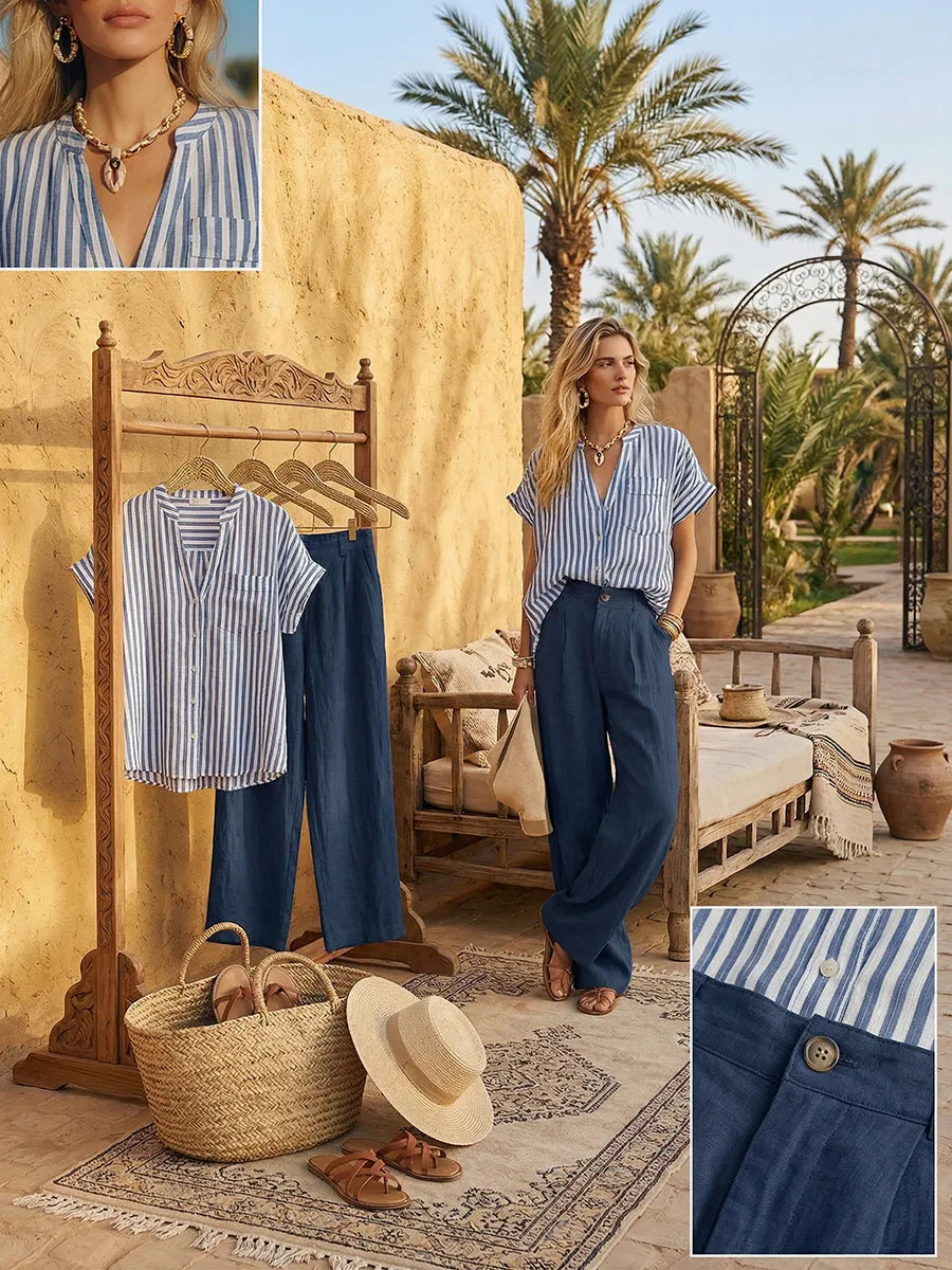Cozy Striped Cotton-linen Two-piece Set