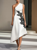 Stylish White Satin One-Shoulder Dress with Black Lace Detail