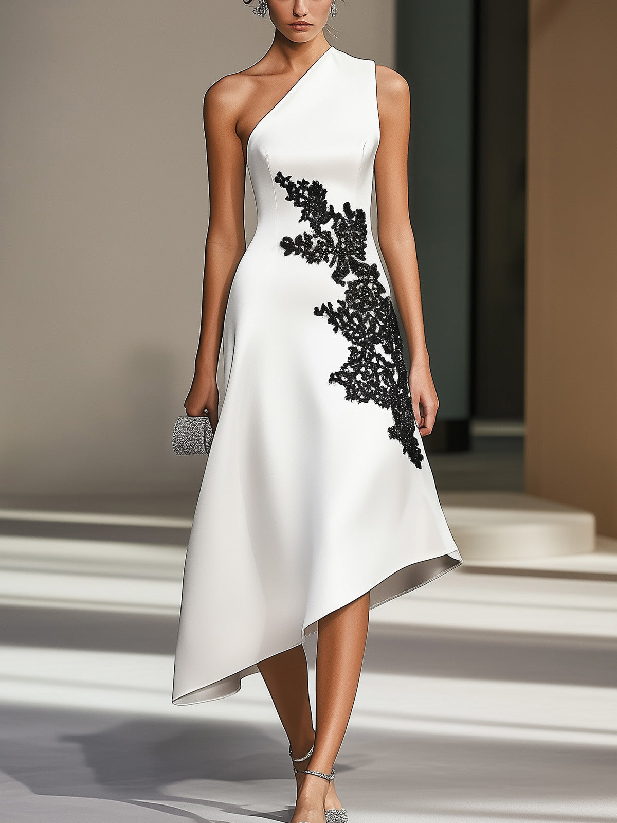 Stylish White Satin One-Shoulder Dress with Black Lace Detail