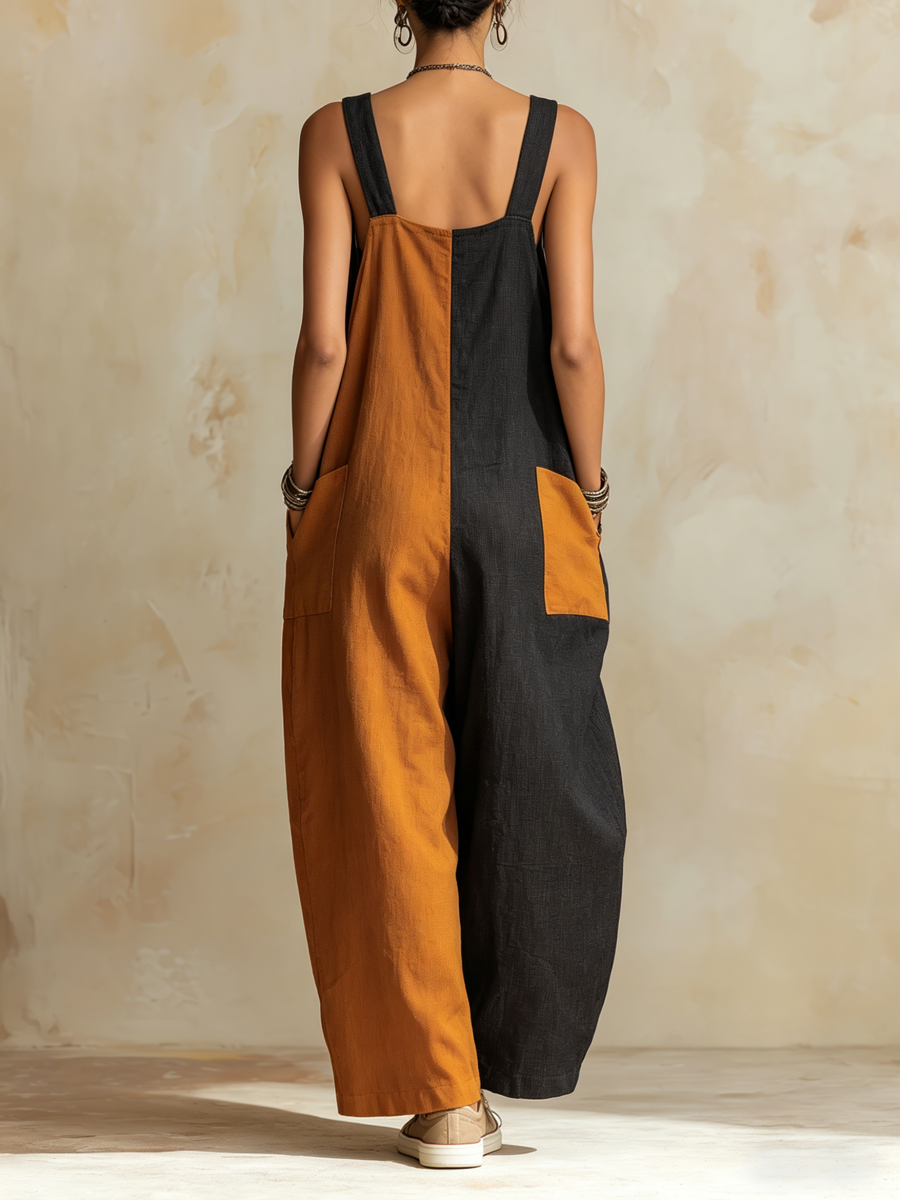 Two-Tone Patchwork Linen-Blend Overalls