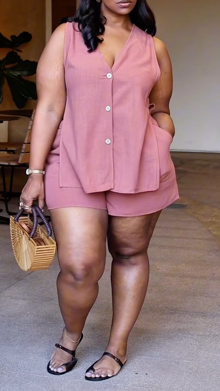 Pink Sleeveless Vest & Shorts Linen Two Piece Outfit