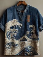 Japanese Great Sea Wave Denim Washed Linen Shirt