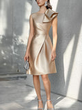 Chic Champagne Satin Dress with Shoulder Detail