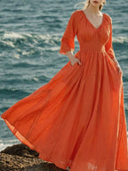 Maxi Cotton Dress, Half Sleeve, V Neck, Plain, Lace, Vacation, Vintage, Light Orange