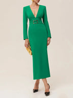 Green Classic Deep V Neck Long Sleeve Sheath Maxi Dress