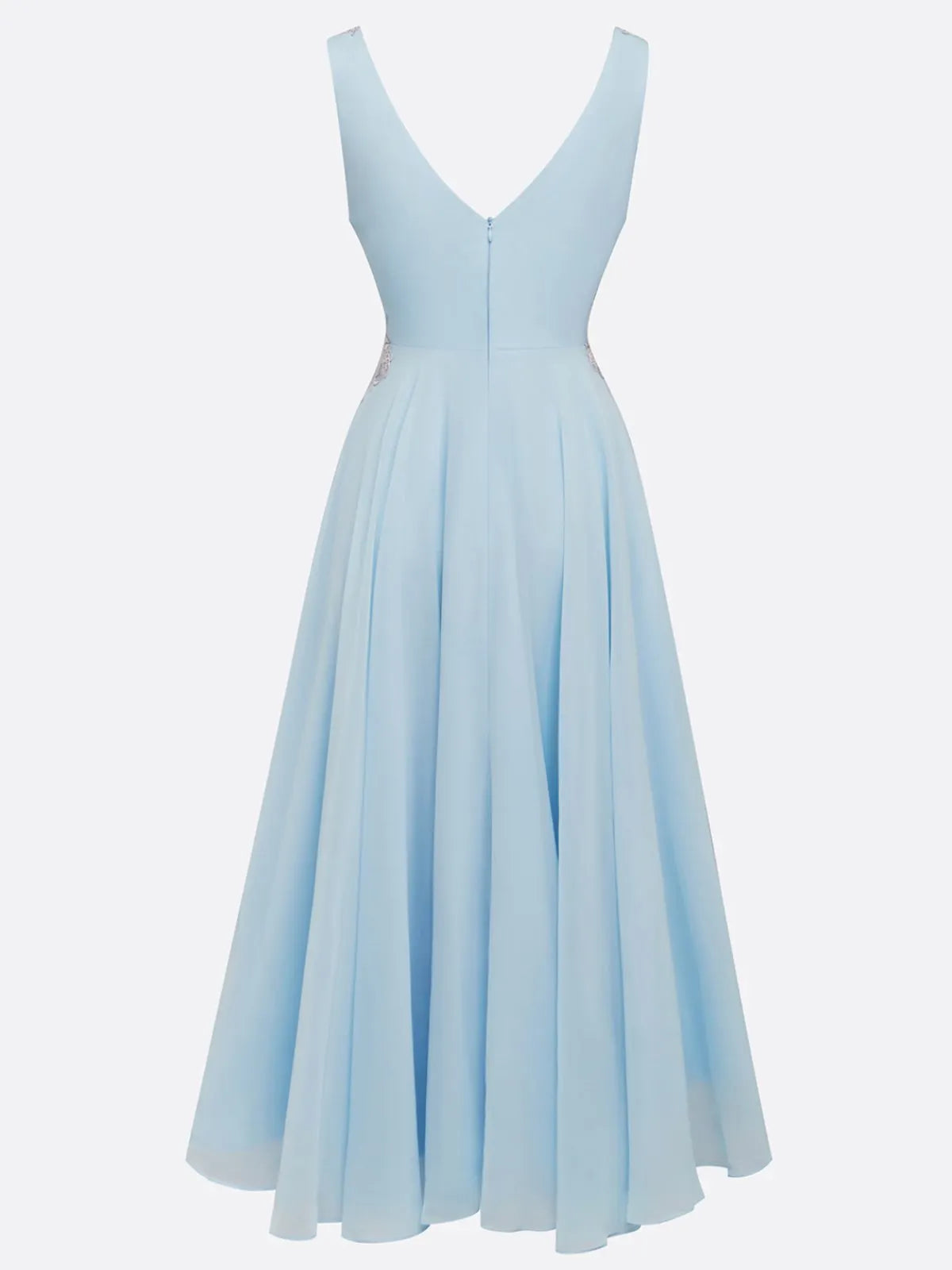 Light Blue Sequin Lace Asymmetric Chiffon V Neck Sleeveless A-Line Maxi Dress