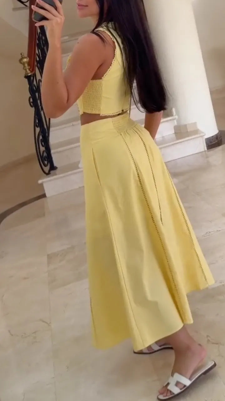 Eyelet Sleeveless Crop Top & Midi Skirt Two Piece Set
