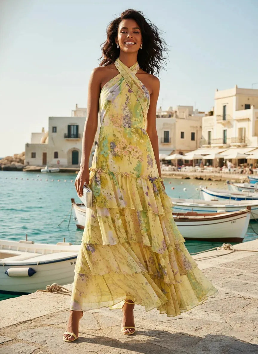Yellow Ruffled Floral Chiffon Halter Sleeveless A-Line Maxi Dress