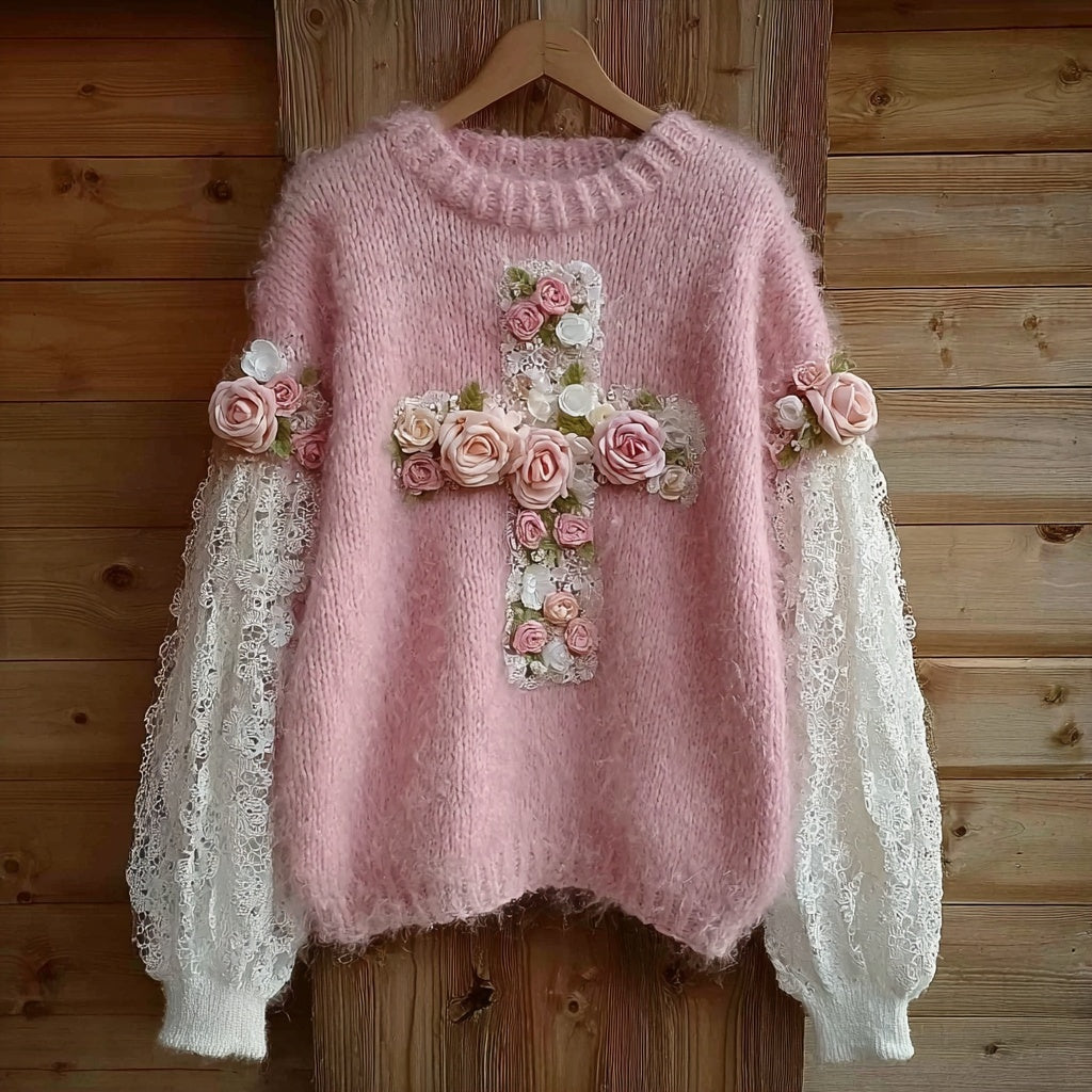 Pink Roses Cross Embroidered Lace Patchwork Cozy Sweater