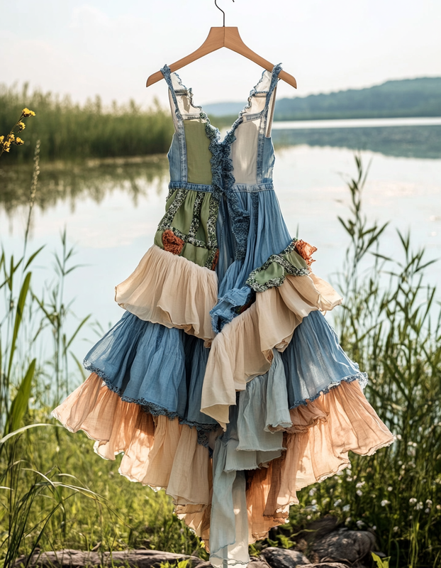 Summer Handmade Lace Denim Floral Patchwork Dress 38d8