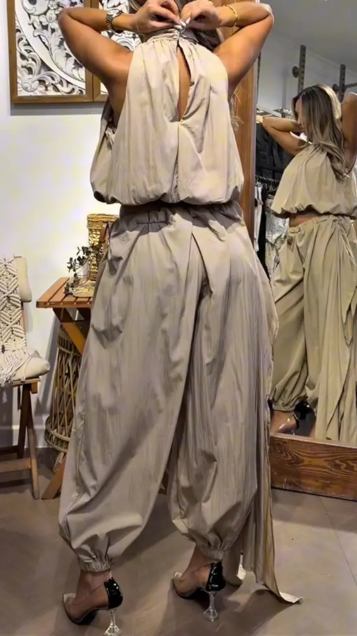 Halter Crop Top & Wrap Tie Harem Pants Two‐Piece Set