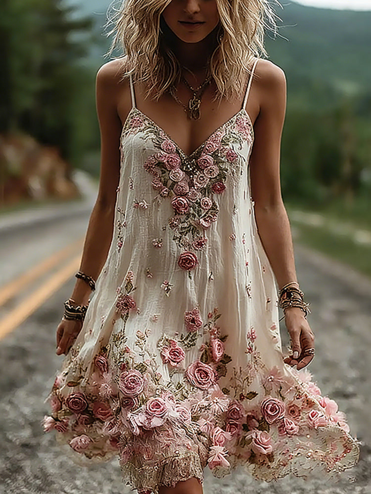 Vintage Boho Floral Embroidery Art Linen Mini Caimi Dress