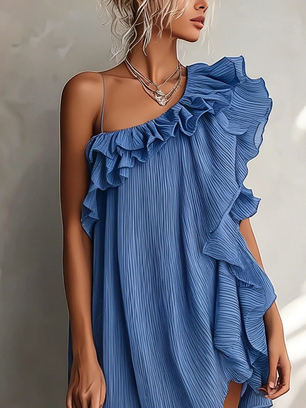 Blue Pleated Off Shoulder Chiffon Mini Dress