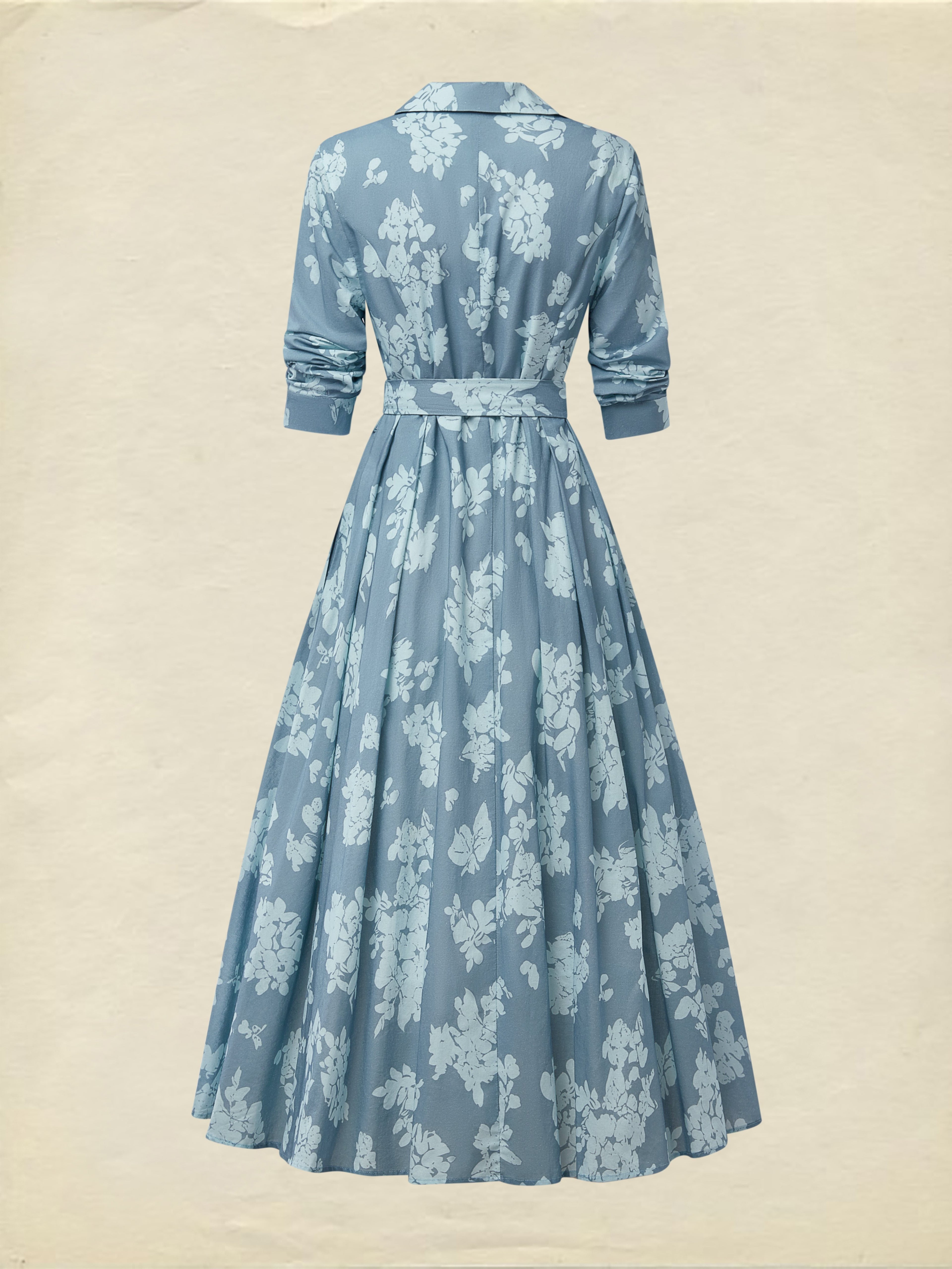 Midi Linen Dress , Half Sleeve, Shawl Collar, Floral, Button Design, Vintage, Blue