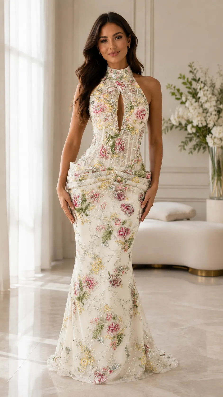 Floral Beaded Halter Mermaid Formal Dress