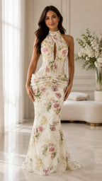 Floral Beaded Halter Mermaid Formal Dress