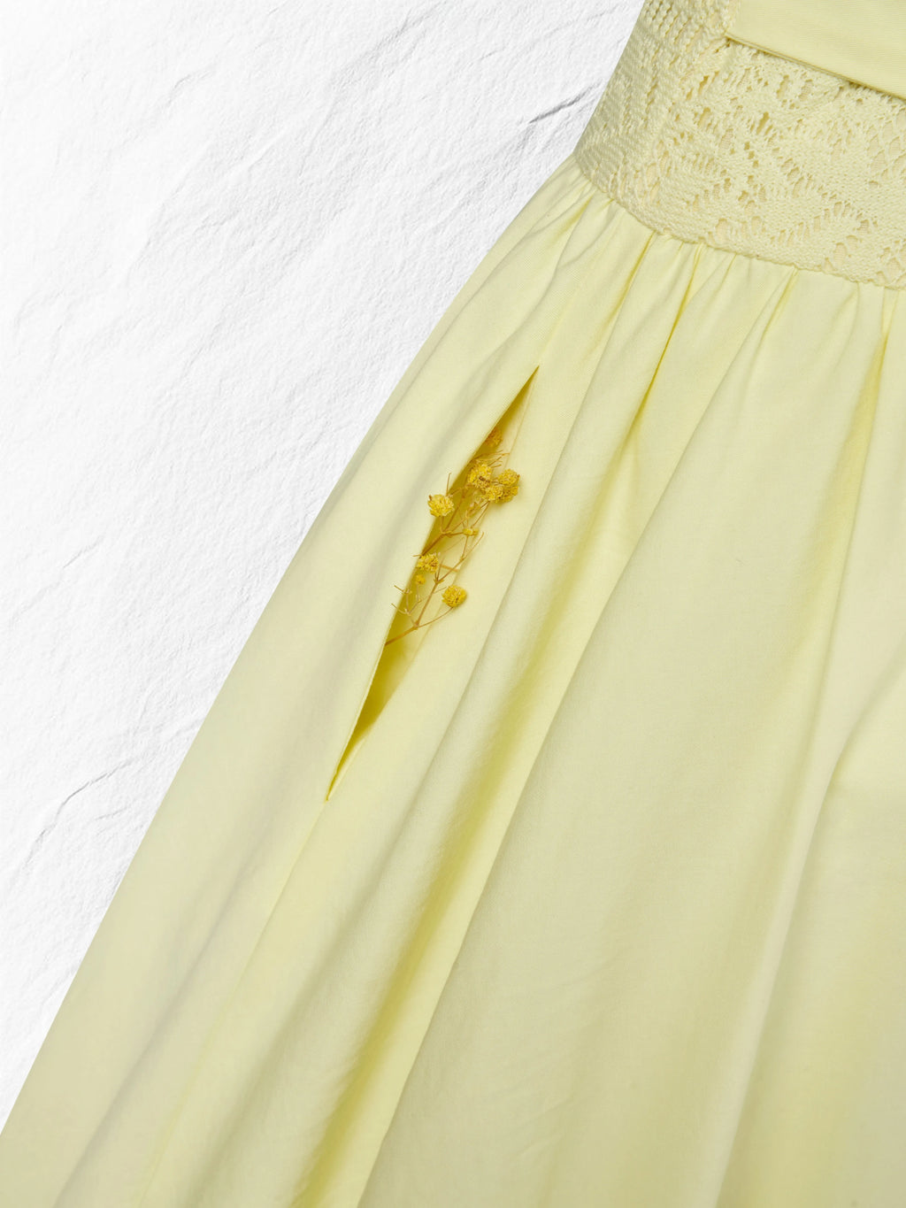 Midi Cotton Dress, Sleeveless, Round Neck, Plain, Lace, French Vintage, Light Yellow