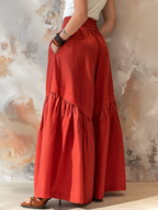 Red Tiered Wide-Leg Palazzo Pants With Elastic Waist & Pockets