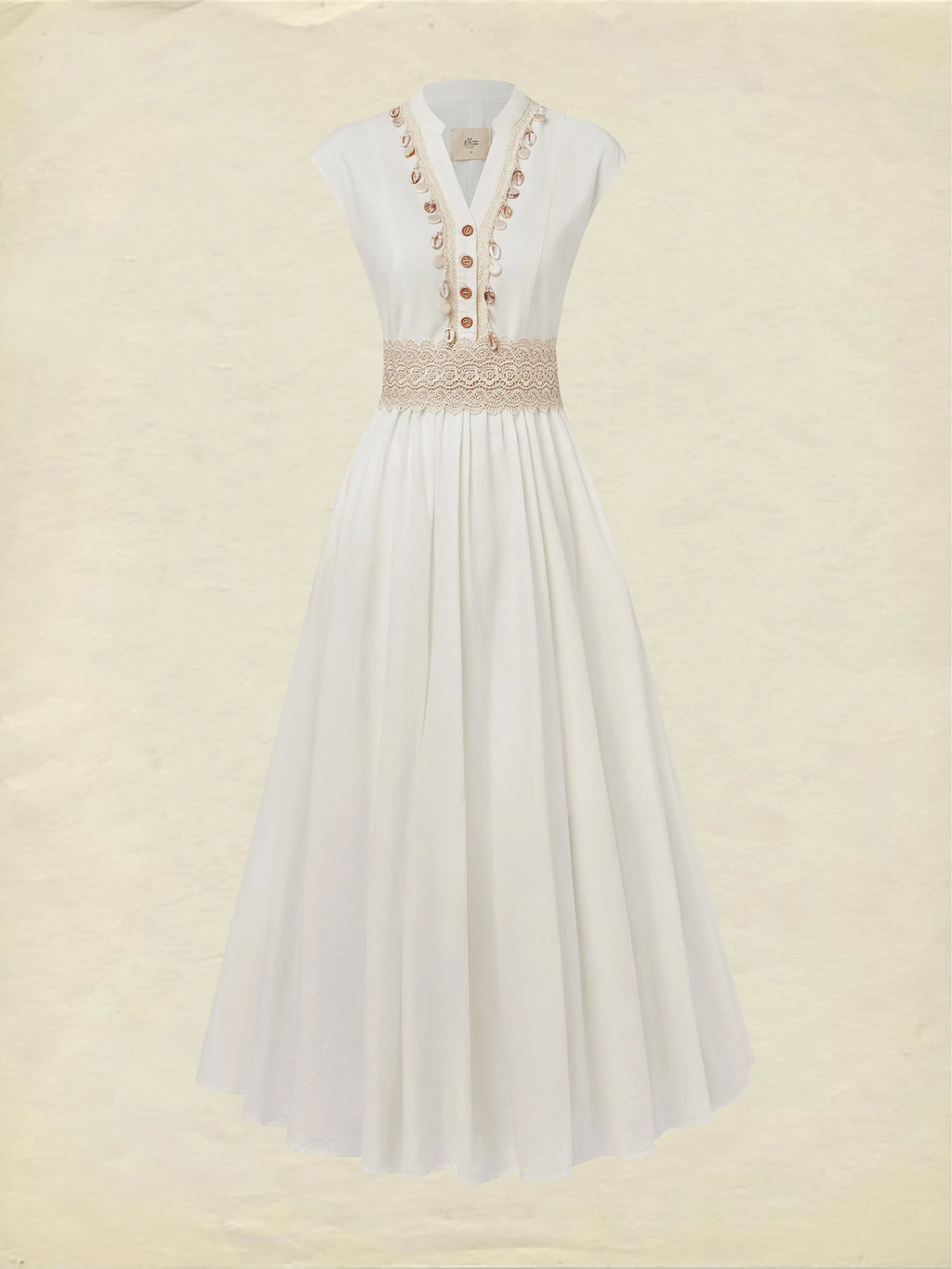 Maxi Linen Dress , Cap Sleeves, V Neck, Plain, Lace, Vintage, White