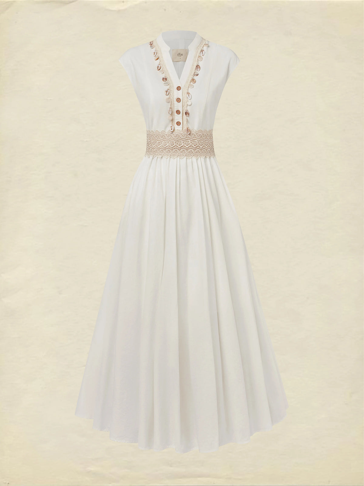 Maxi Linen Dress , Cap Sleeves, V Neck, Plain, Lace, Vintage, White