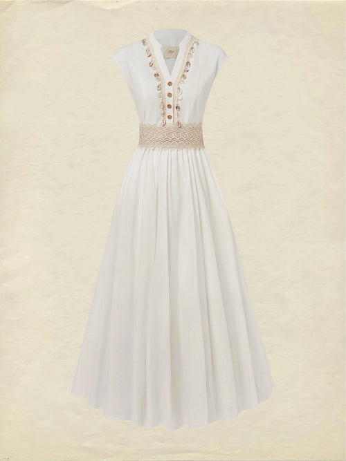 Maxi Linen Dress , Cap Sleeves, V Neck, Plain, Lace, Vintage, White