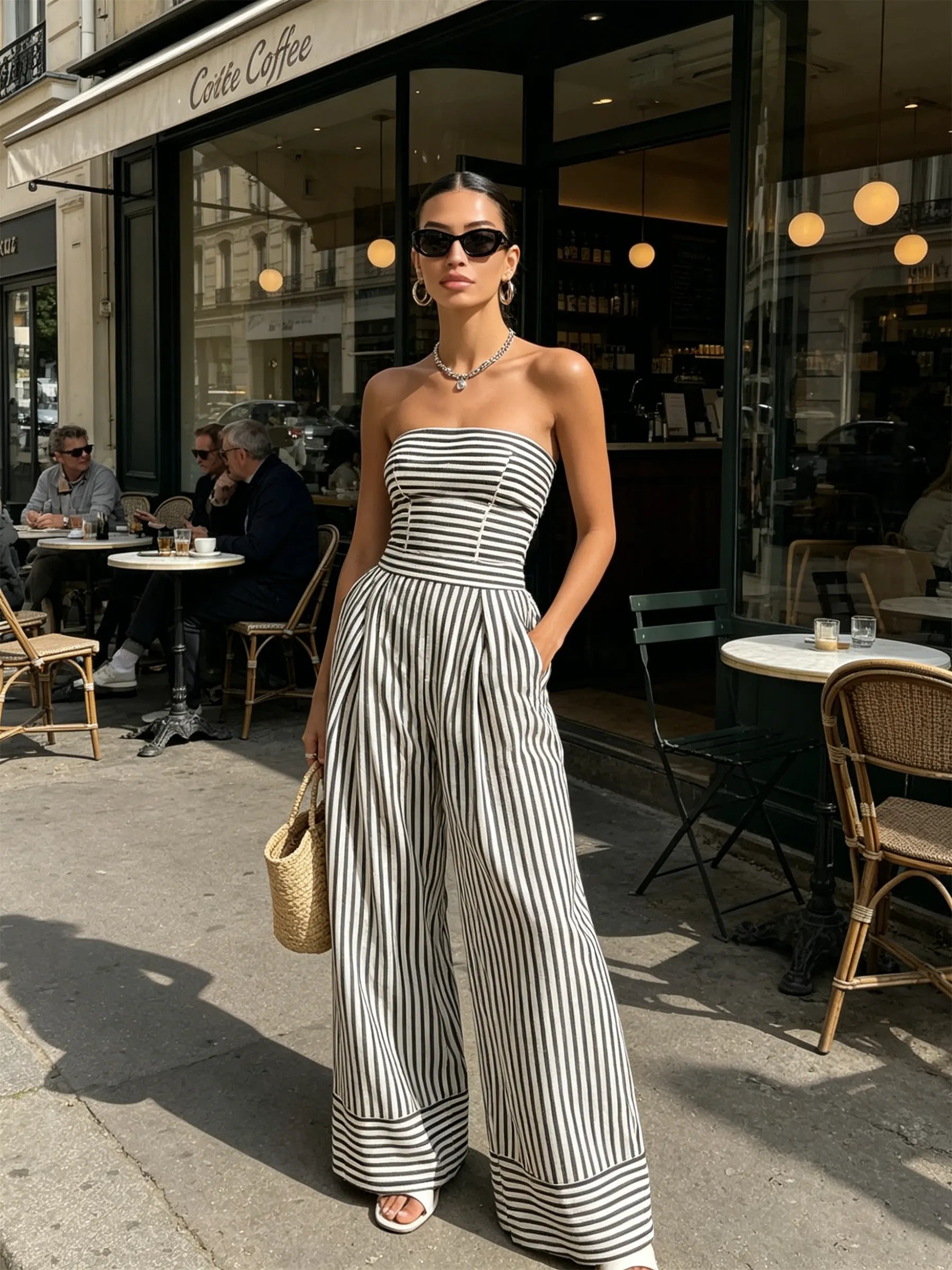 Black & White Striped Strapless Wide-Leg Jumpsuit