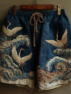 Japanese Cranes & Sea Waves Embroidered Linen Shorts