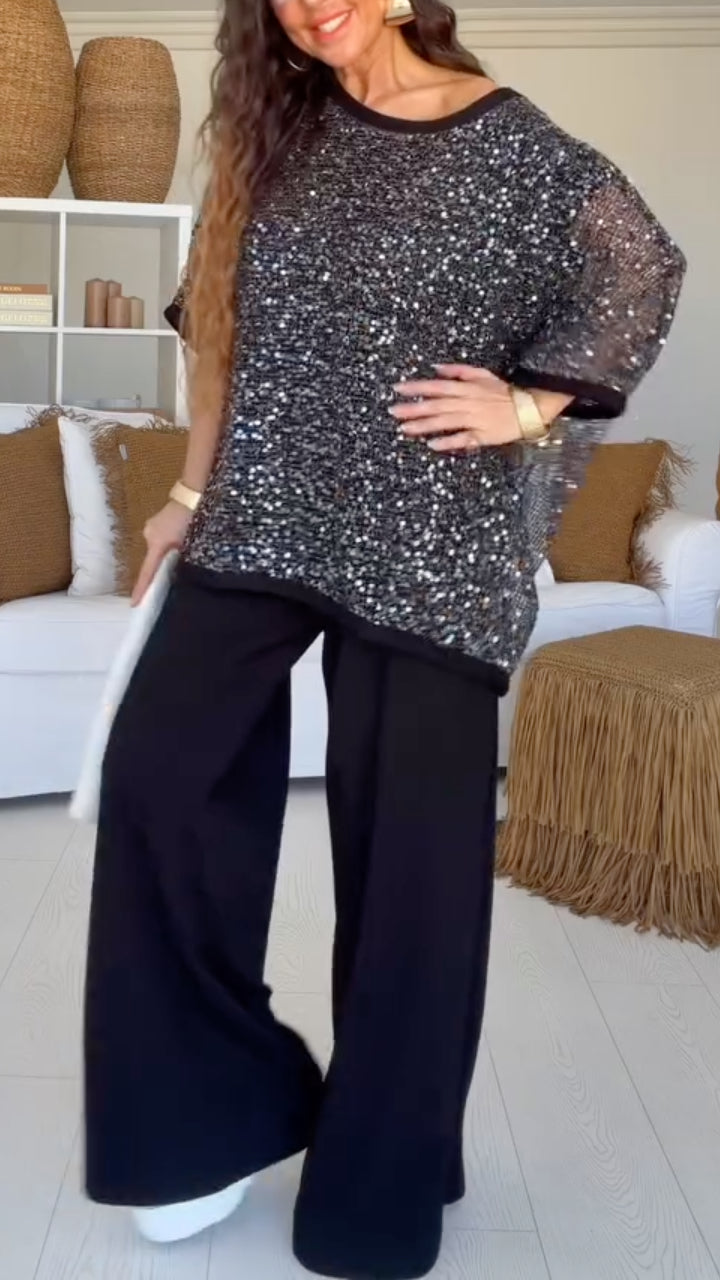 Women's Sequined Mesh Drop-Shoulder Top + Trousers Casual Set